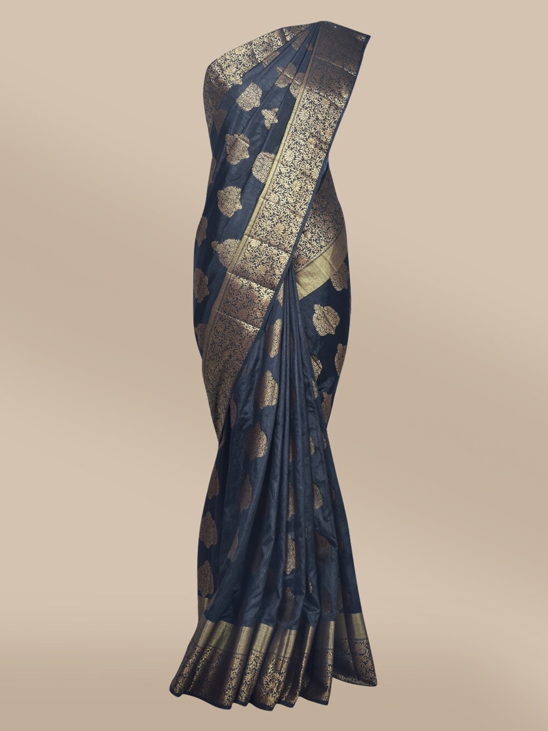 

The Chennai Silks Black & Gold-Toned Floral Zari Jute Cotton Fusion Saree