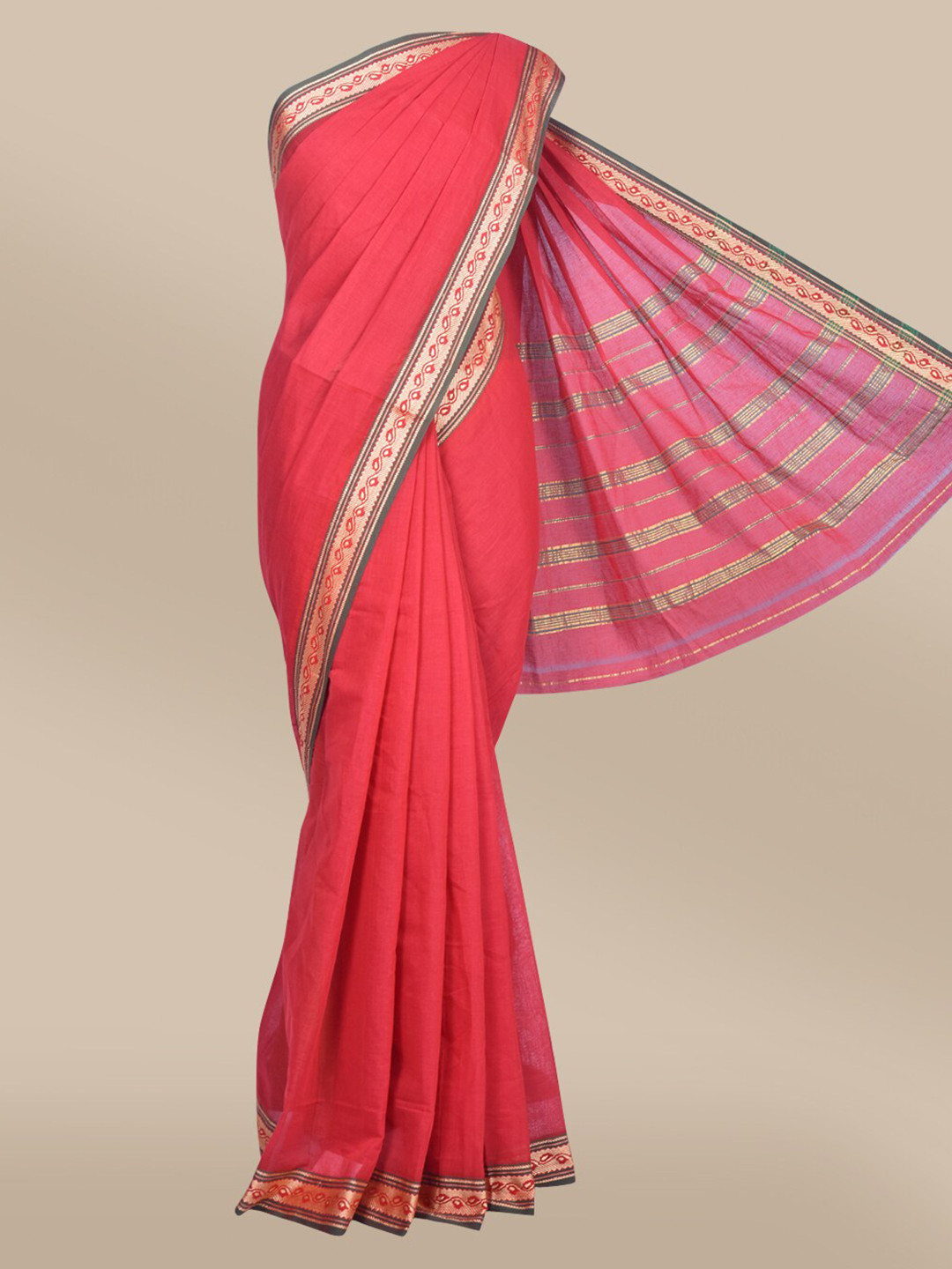 

The Chennai Silks Red & Gold-Toned Zari Cotton Blend Saree