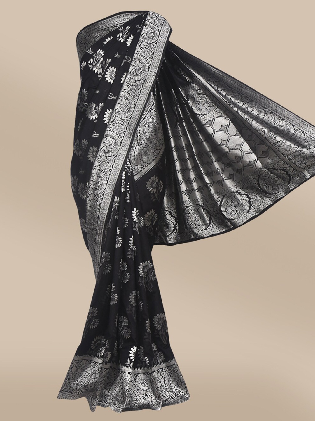 

The Chennai Silks Black & Silver-Toned Floral Zari Jute Cotton Fusion Saree