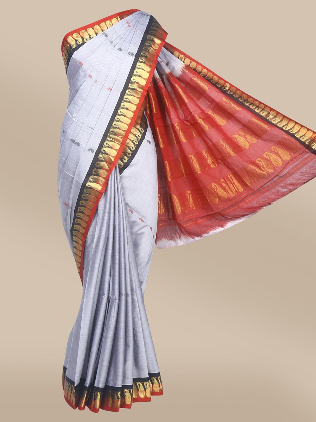 

The Chennai Silks Grey & Black Ethnic Motifs Zari Fusion Saree