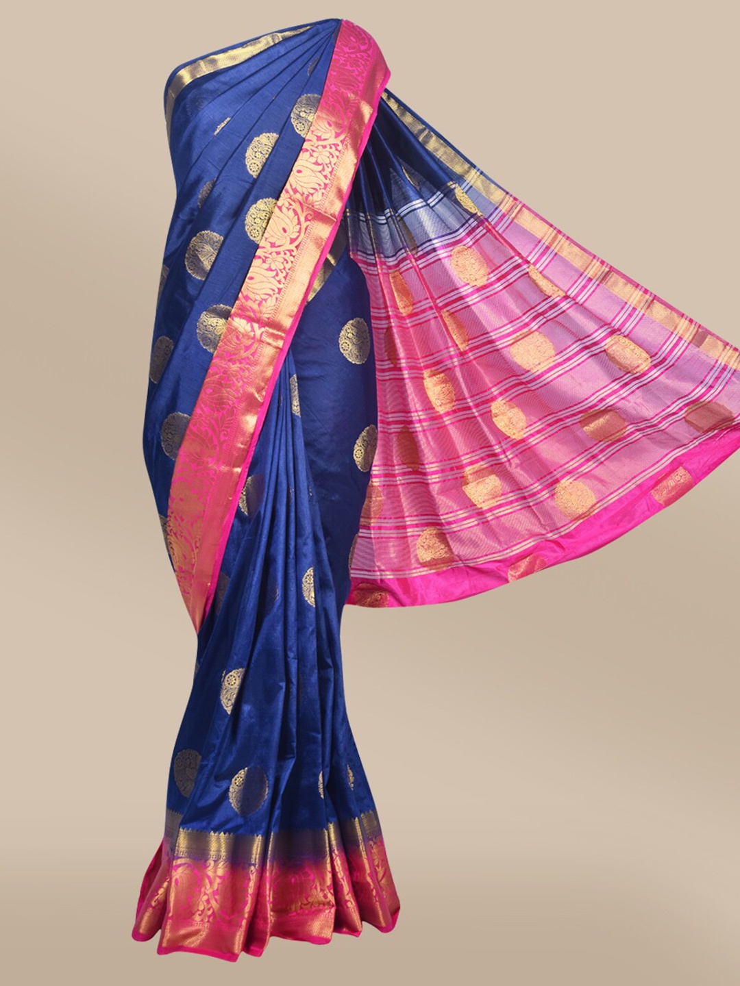 

The Chennai Silks Navy Blue & Pink Ethnic Motifs Zari Fusion Saree
