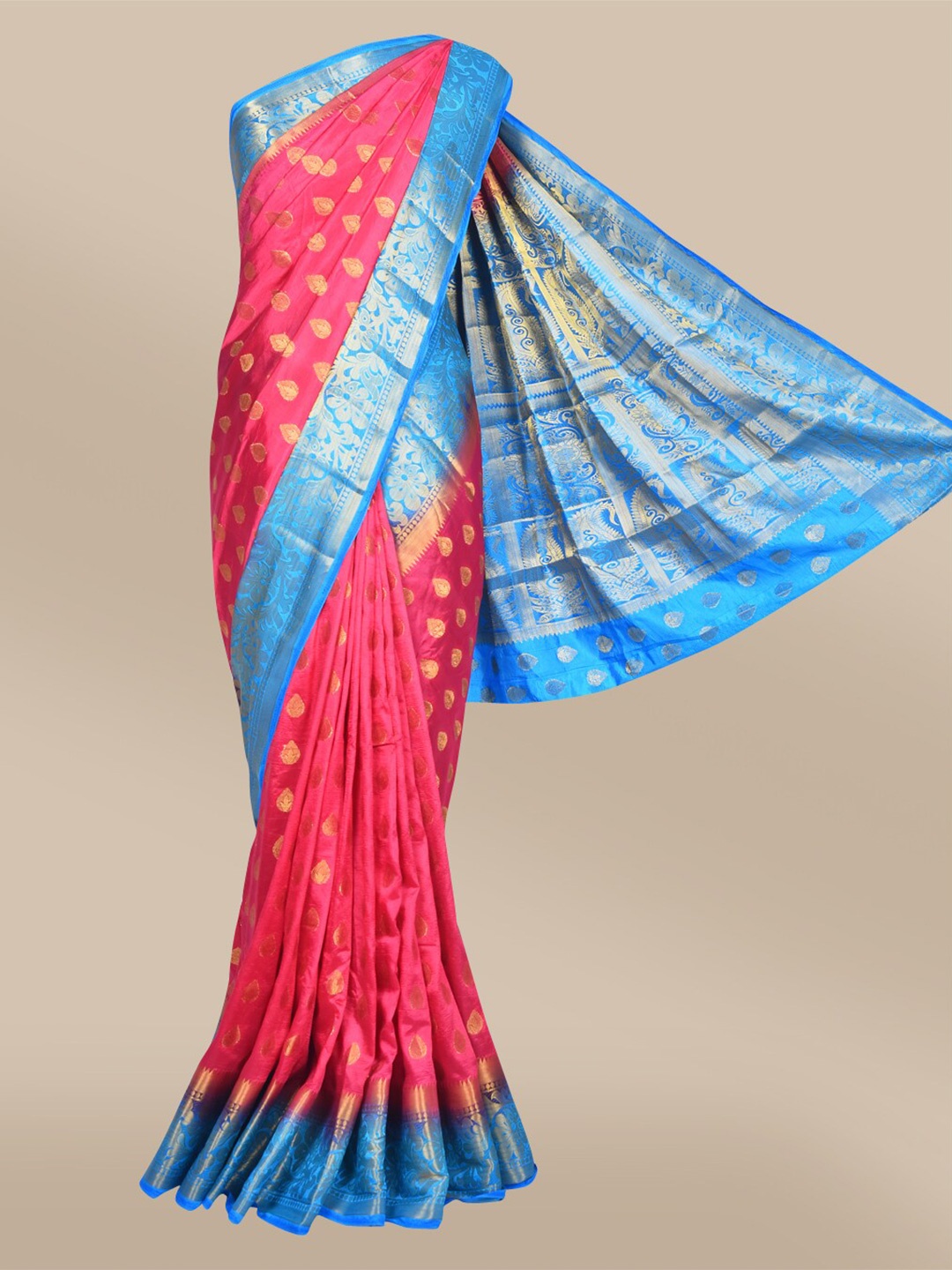 

The Chennai Silks Red & Blue Ethnic Motifs Zari Fusion Nylon Saree