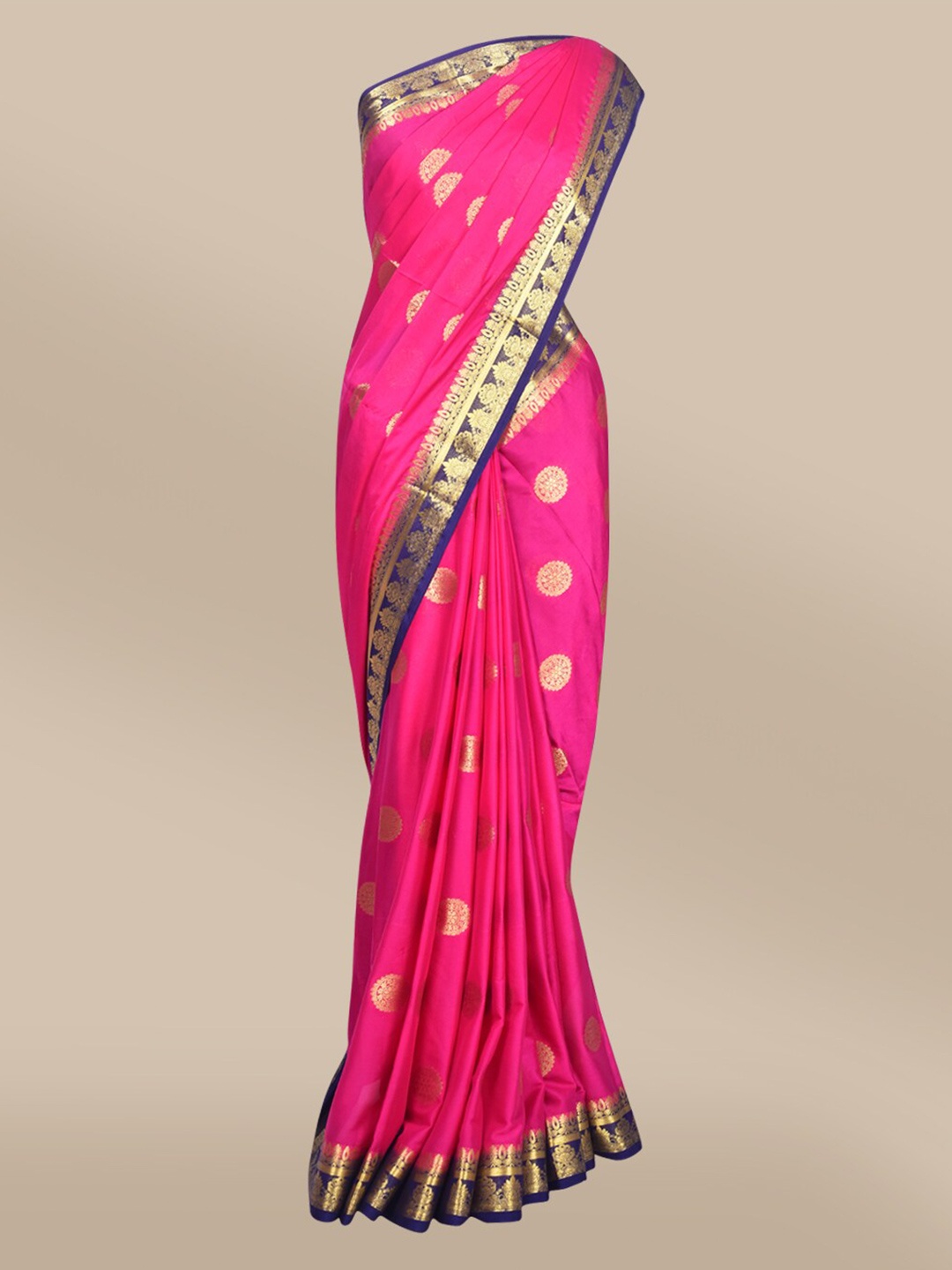 

The Chennai Silks Pink & Navy Blue Ethnic Motifs Silk Poly Crepe Zari Fusion Saree