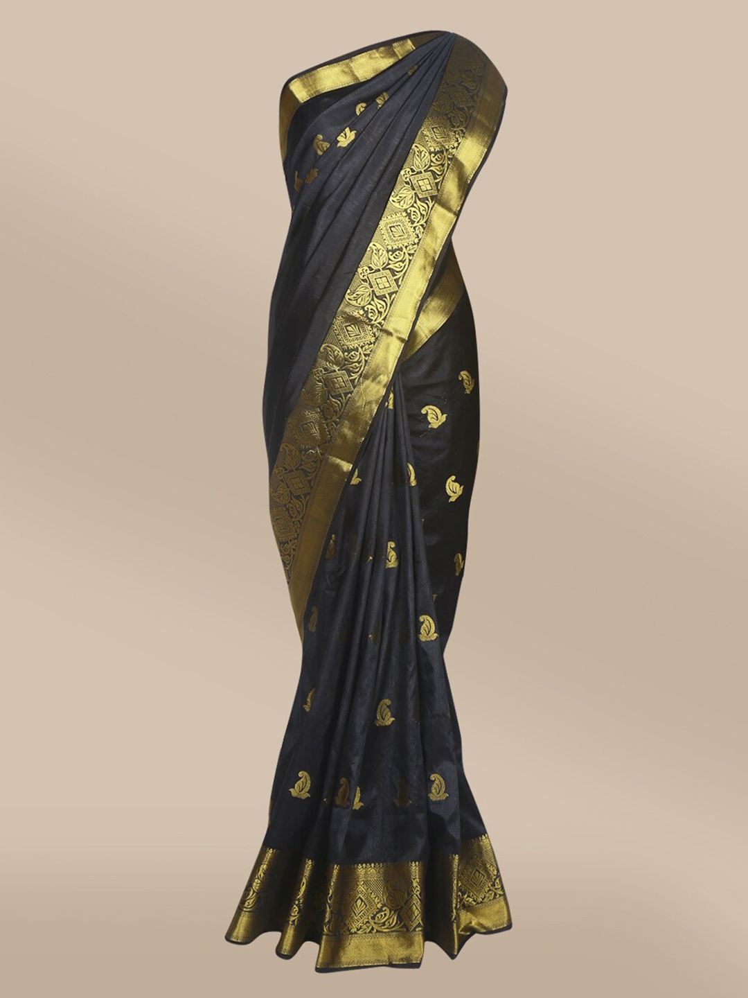 

The Chennai Silks Black & Gold-Toned Ethnic Motifs Nylon Silk Taffeta Saree