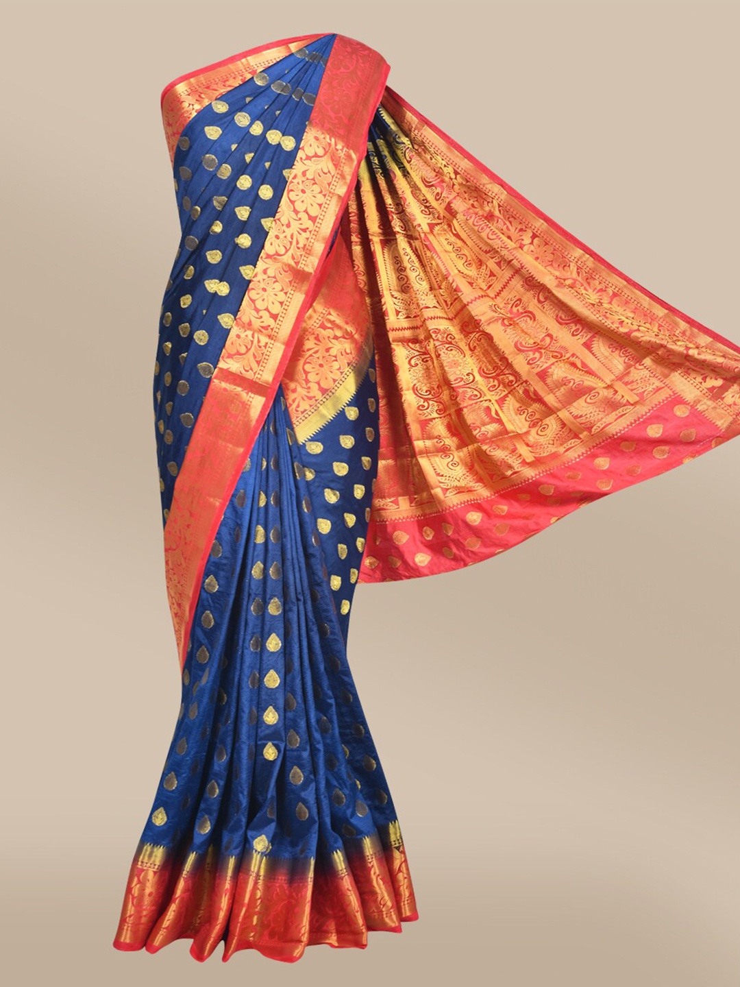 

The Chennai Silks Navy Blue & Red Ethnic Motifs Zari Fusion Saree