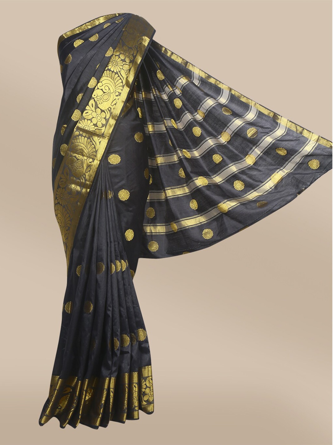 

The Chennai Silks Black & Gold-Toned Ethnic Motifs Zari Fusion Nylon Saree