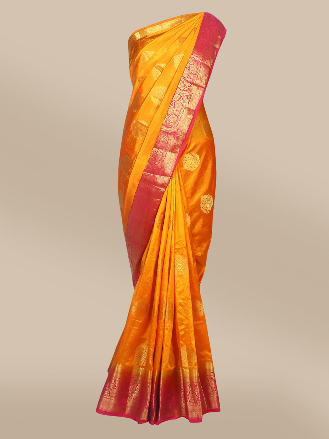 

The Chennai Silks Orange & Magenta Ethnic Motifs Zari Saree