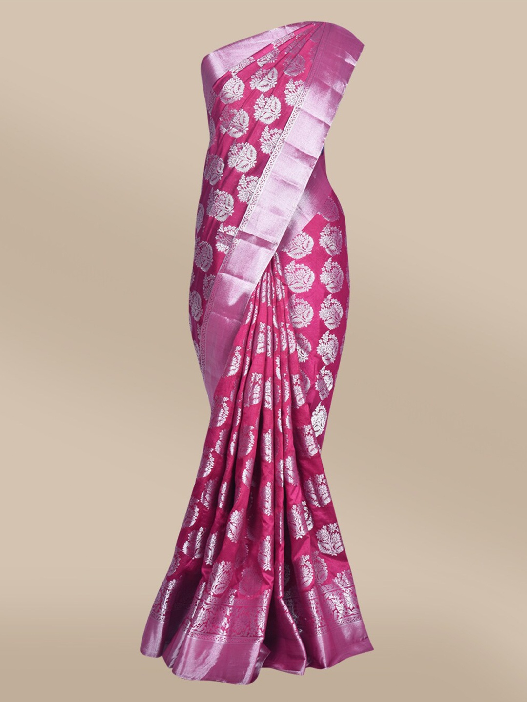 

The Chennai Silks Maroon & Silver-Toned Ethnic Motifs Zari Jute Cotton Fusion Saree