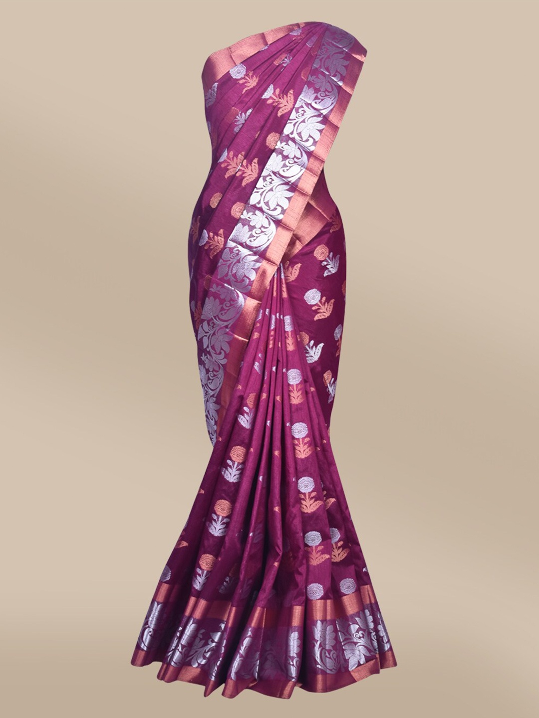 

The Chennai Silks Maroon & Gold-Toned Floral Zari Jute Cotton Fusion Saree