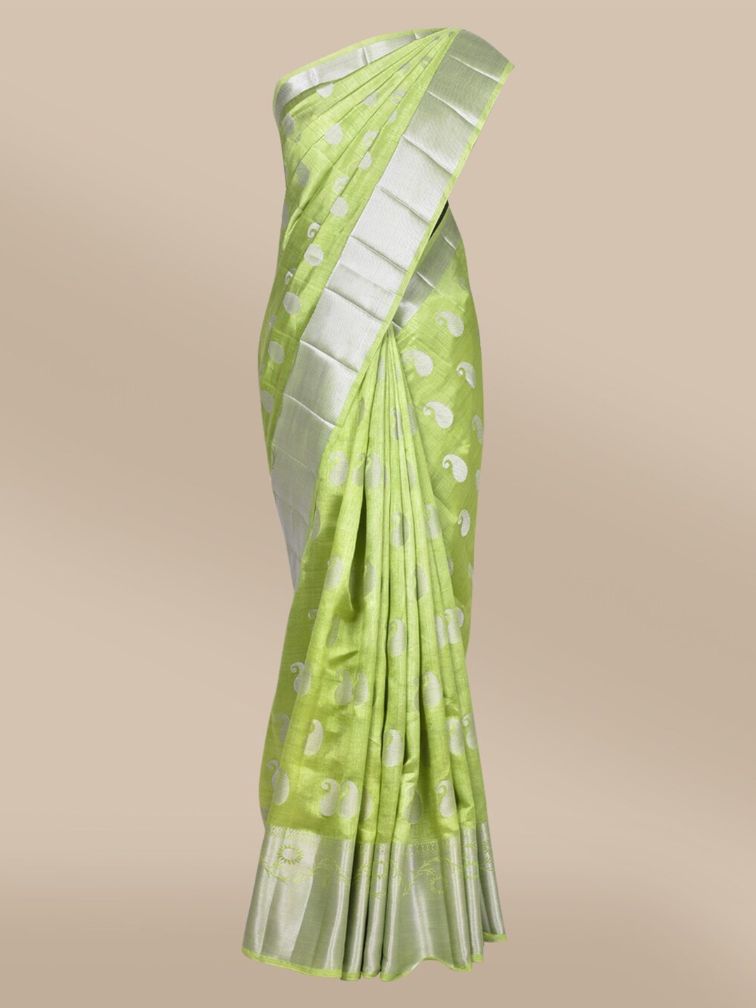 

The Chennai Silks Green & Silver-Toned Paisley Zari Jute Cotton Saree