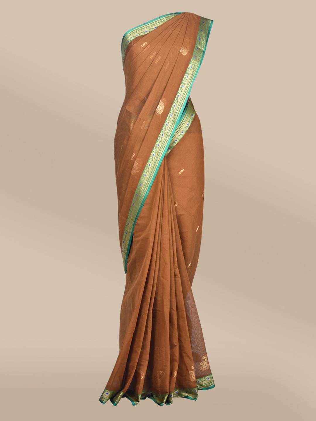 

The Chennai Silks Mustard & Green Woven Design Zari Fusion Cotton Blend Saree