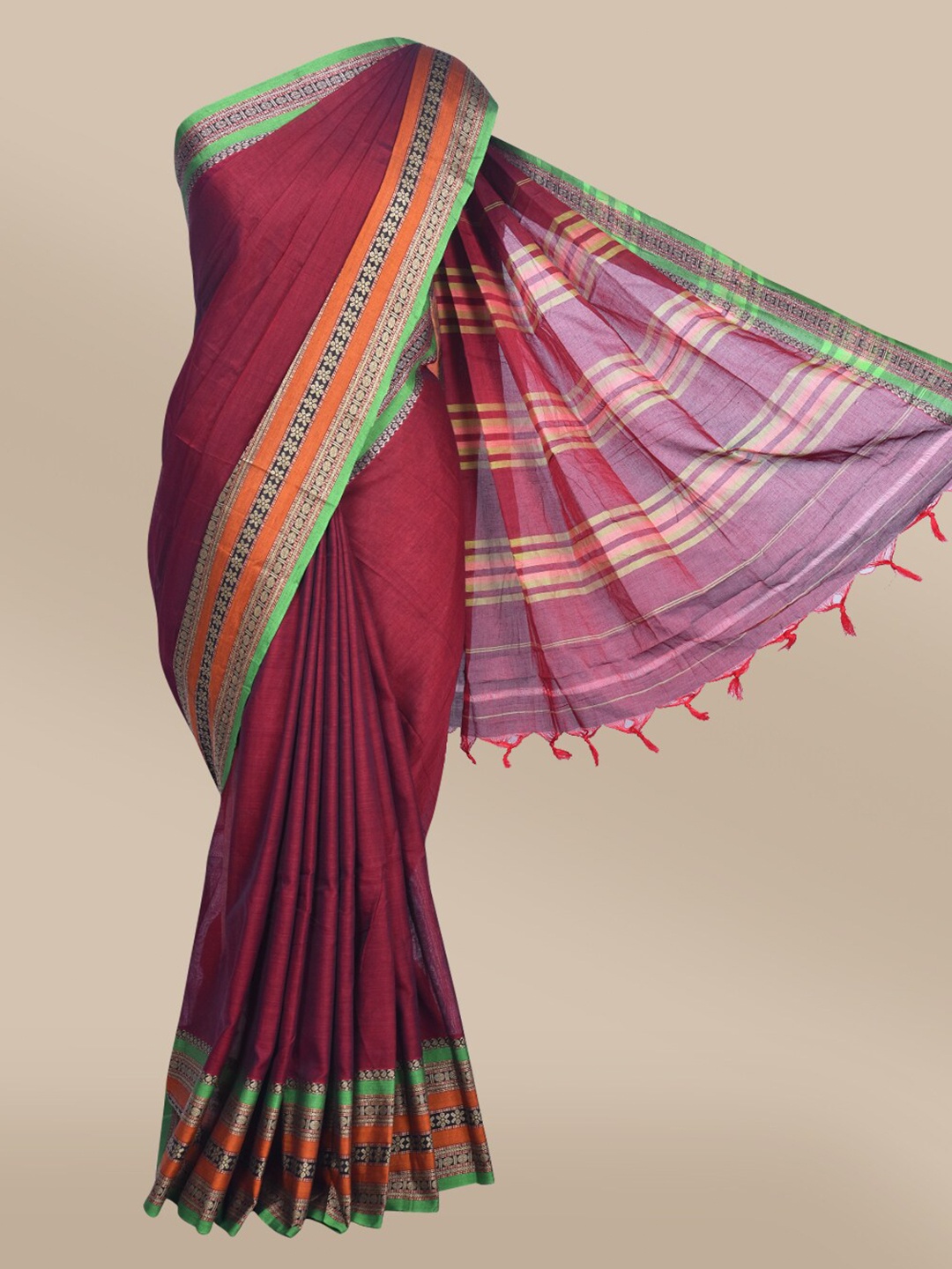 

The Chennai Silks Maroon & Orange Solid Woven Design Border Cotton Blend Saree