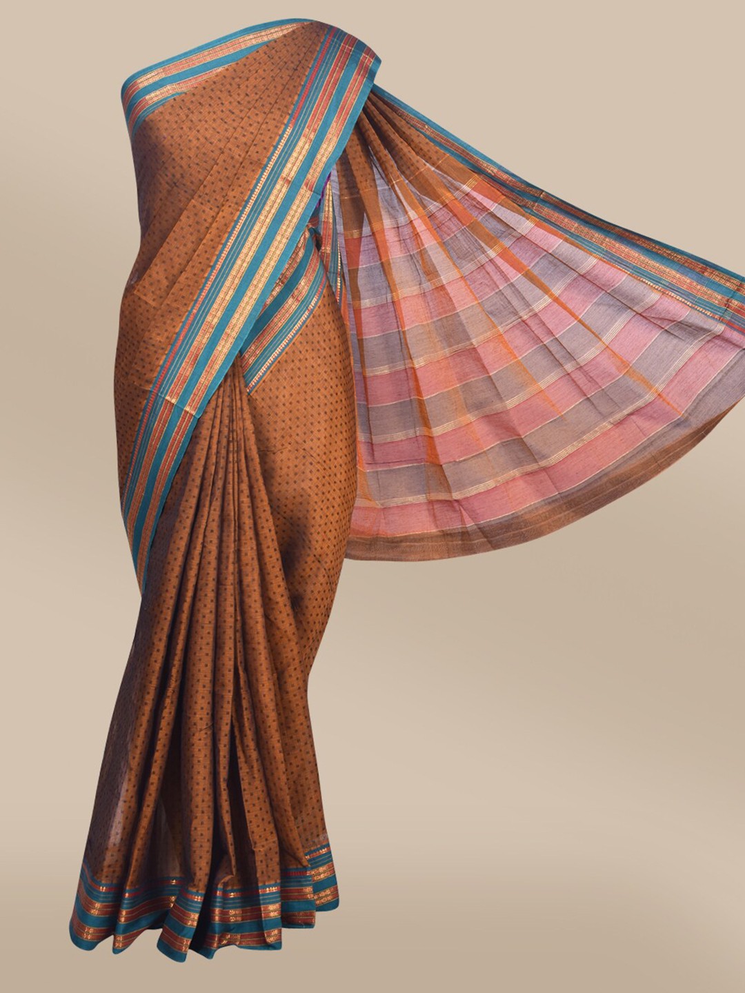 

The Chennai Silks Mustard & Blue Woven Design Cotton Blend Saree