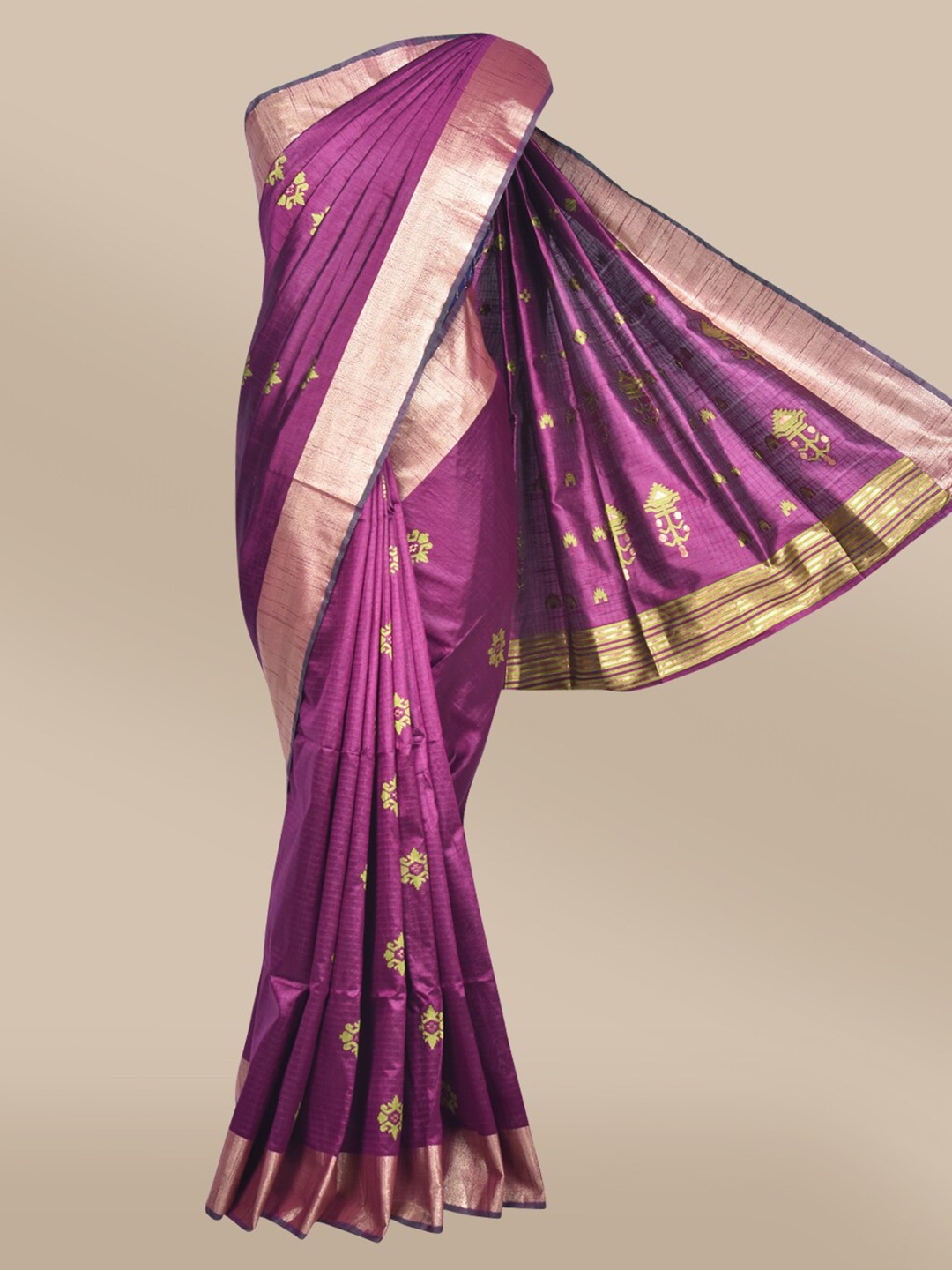 

The Chennai Silks Violet & Gold-Toned Floral Zari Fusion Banarasi Saree