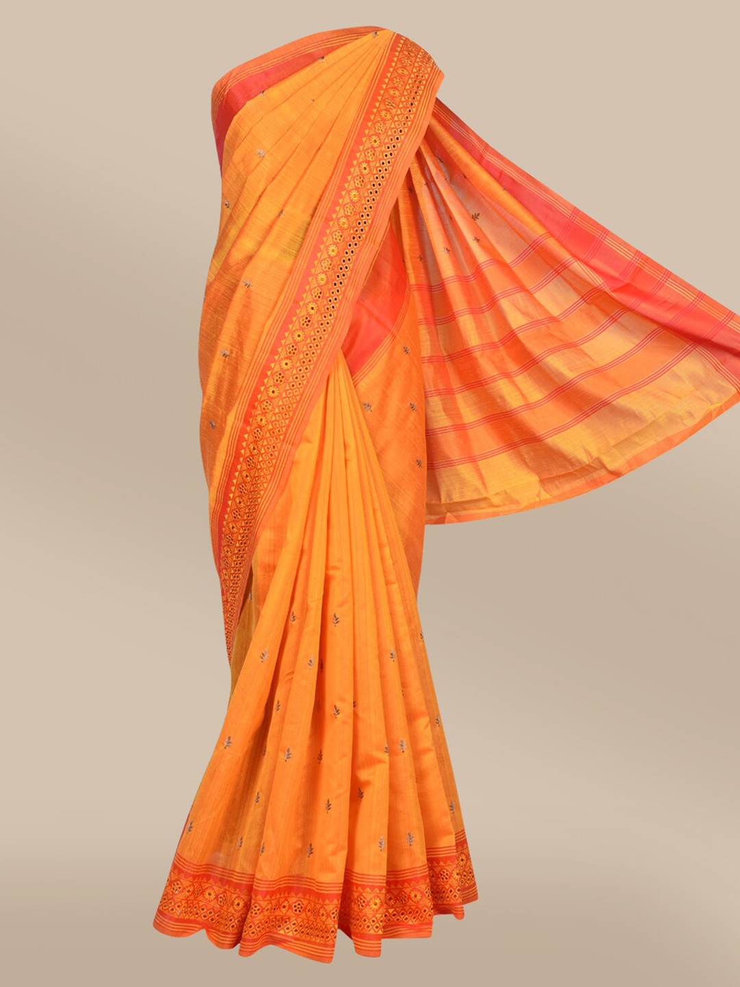 

The Chennai Silks Orange Ethnic Motifs Embroidered Jute Cotton Saree
