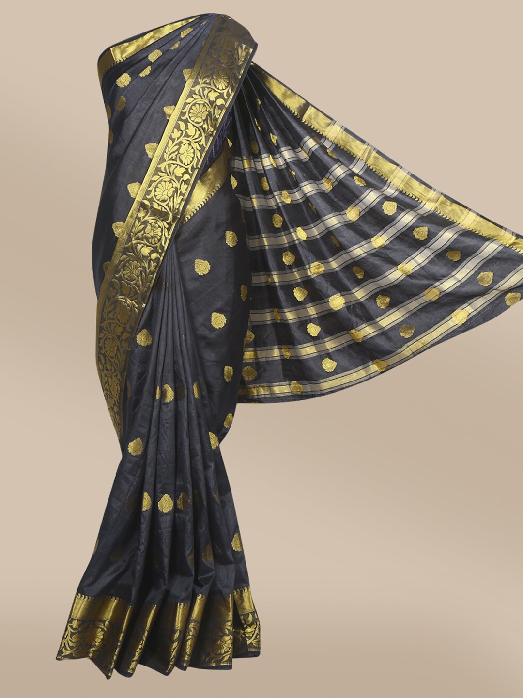 

The Chennai Silks Black & Gold-Toned Ethnic Motifs Zari Fusion Saree