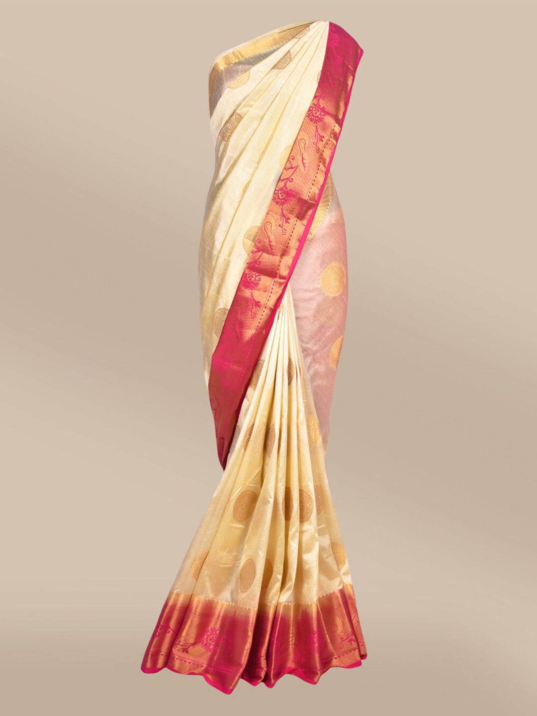 

The Chennai Silks Cream-Coloured & Pink Ethnic Motifs Zari Saree