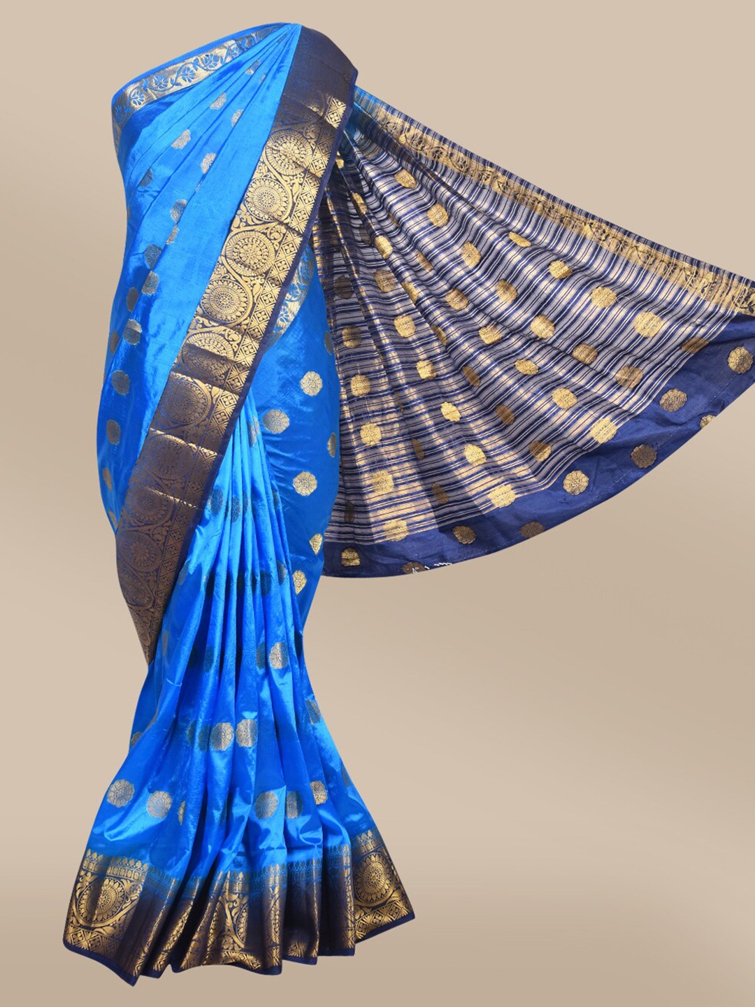 

The Chennai Silks Blue & Gold-Toned Ethnic Motifs Zari Saree