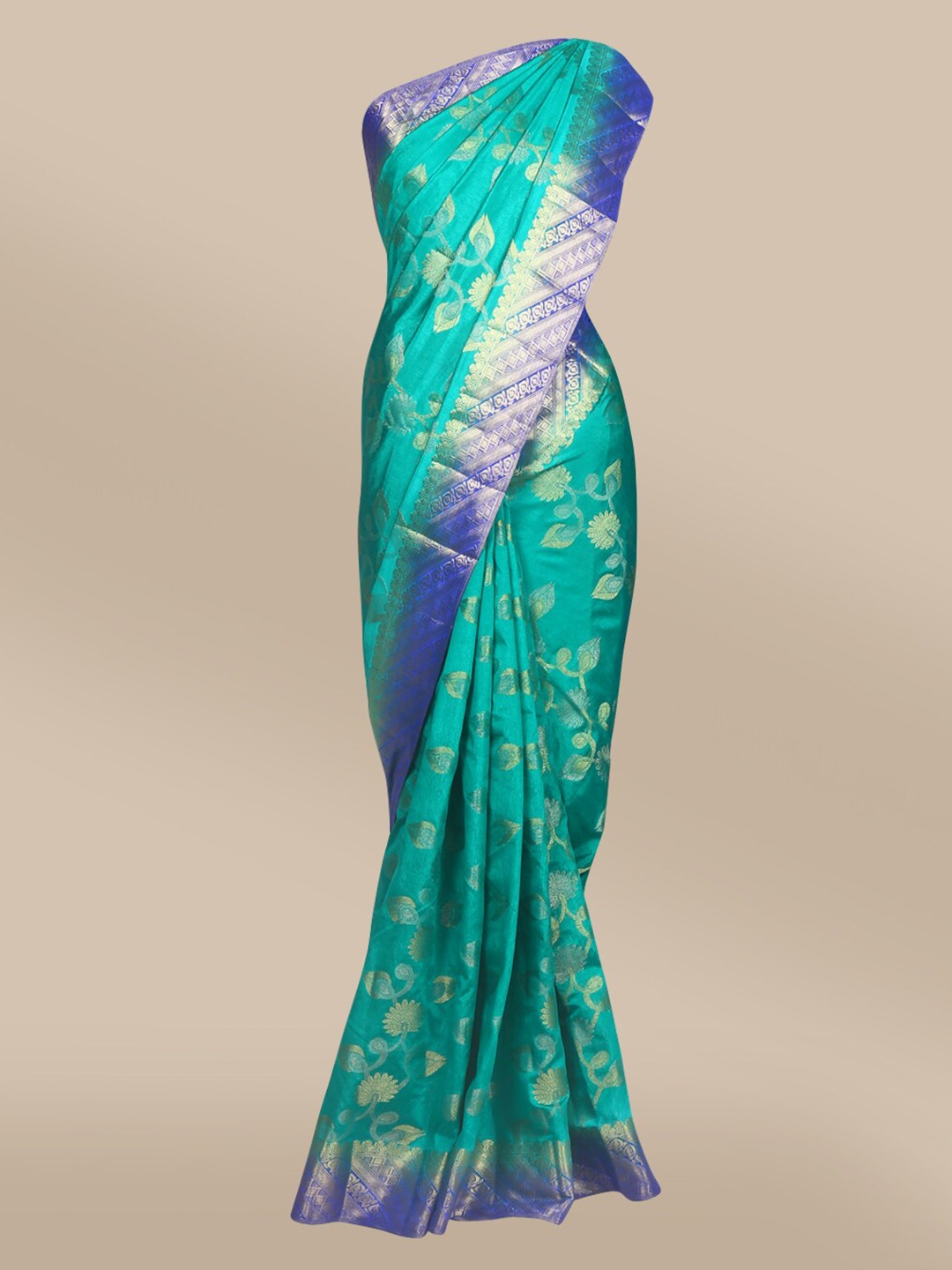 

The Chennai Silks Green & Blue Floral Zari Jute Cotton Saree