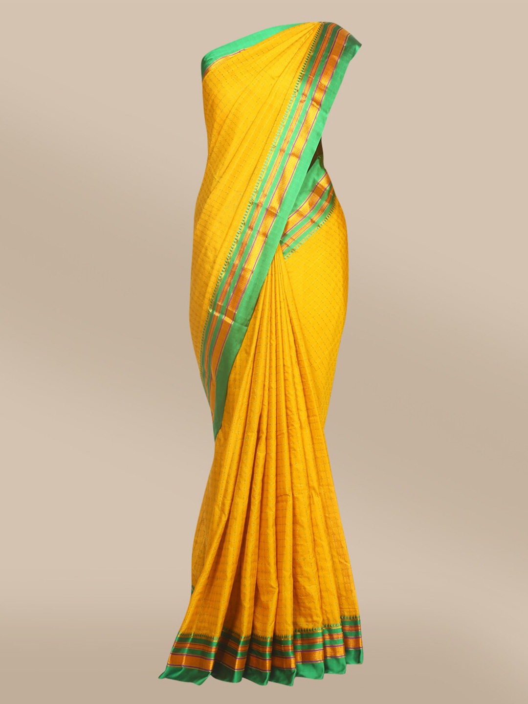 

The Chennai Silks Yellow & Green Checked Zari Saree