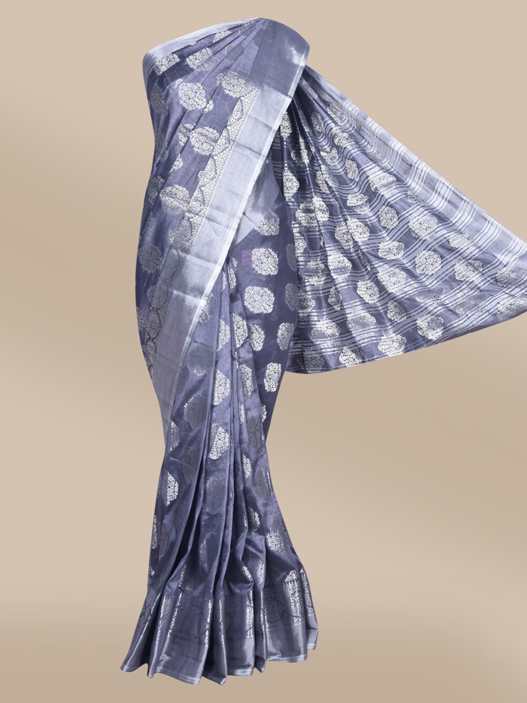 

The Chennai Silks Grey & Silver-Toned Ethnic Motifs Zari Jute Cotton Saree