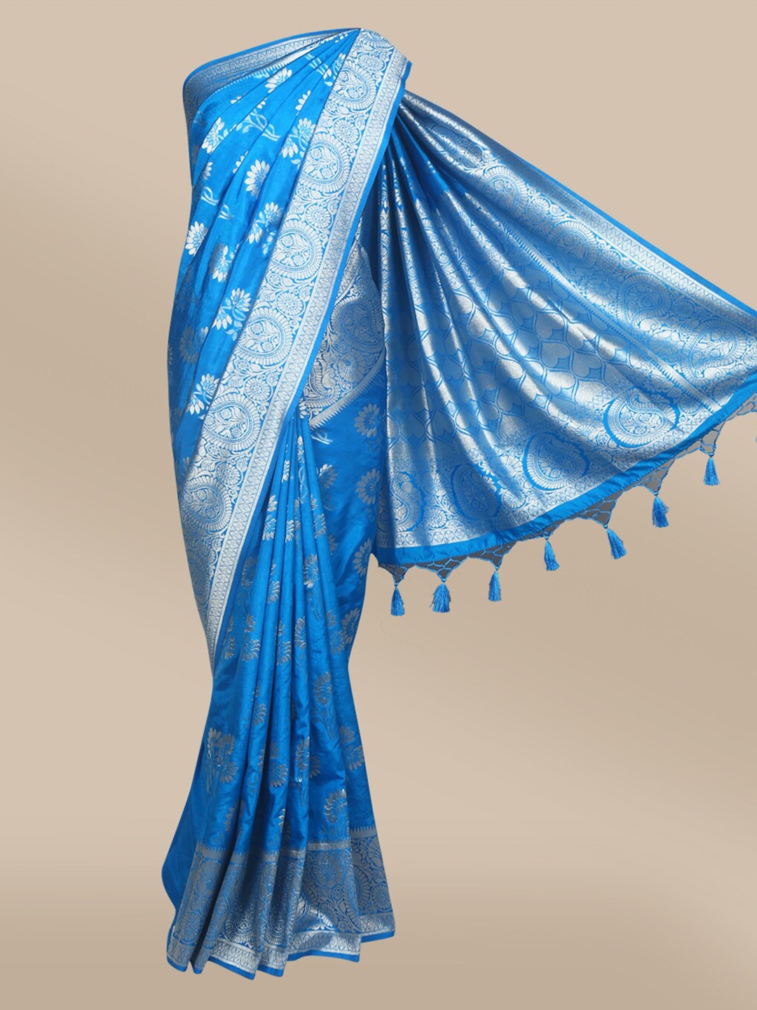 

The Chennai Silks Blue & Silver-Toned Floral Woven Design Jute Cotton Saree