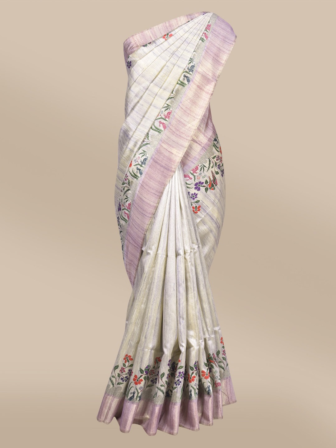

The Chennai Silks Beige & Green Floral Printed Banarasi Saree