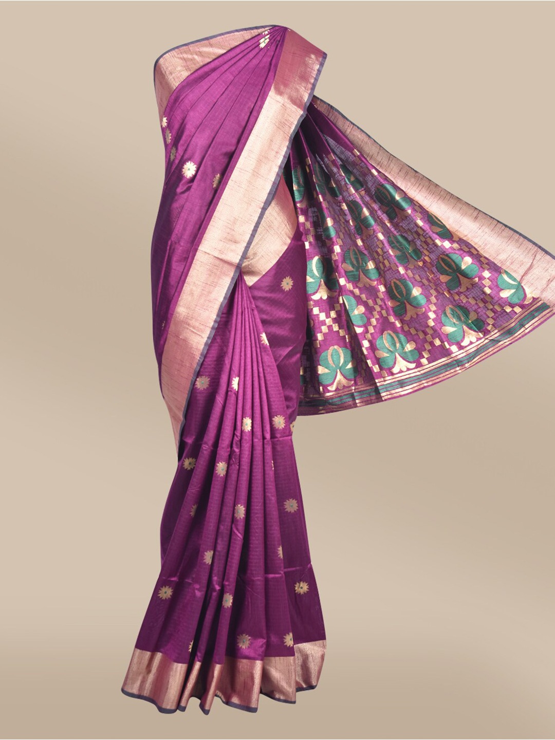 

The Chennai Silks Violet & Green Woven Design Zari Silk Blend Fusion Banarasi Saree