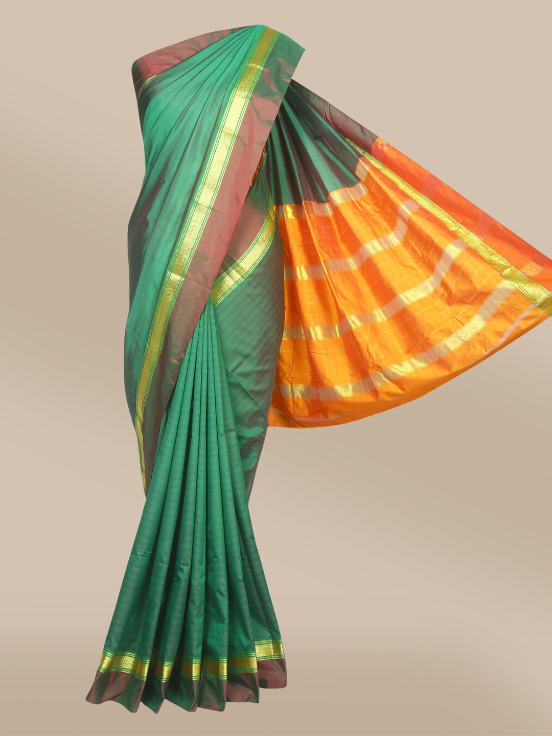 

The Chennai Silks Green & Brown Striped Woven Design Art Silk Saree