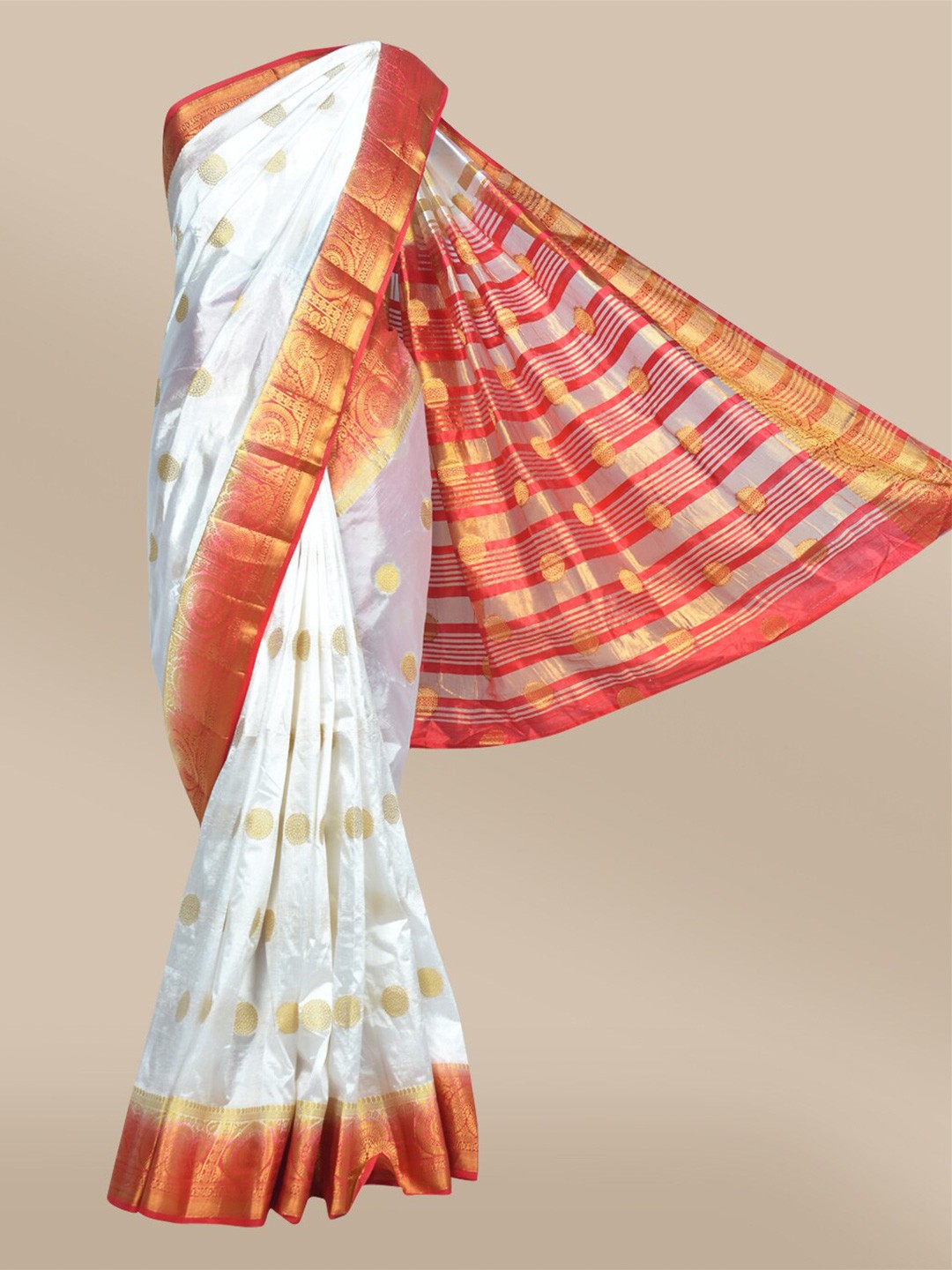

The Chennai Silks Off White & Red Woven Design Nylon Silk Taffeta Zari Fusion Saree