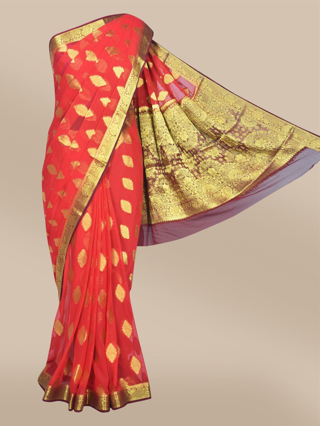 

The Chennai Silks Red & Gold-Toned Ethnic Motifs Poly Chiffon Saree
