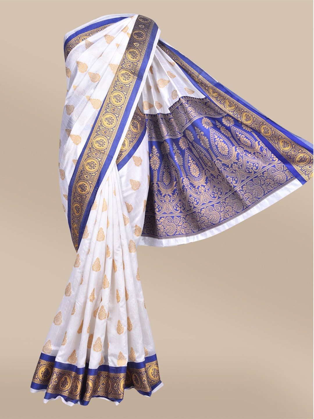 

The Chennai Silks Off White & Blue Ethnic Motifs Zari Jute Cotton Fusion Saree