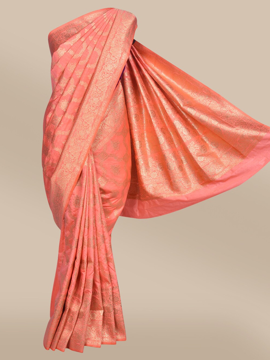 

The Chennai Silks Orange & Gold-Toned Woven Design Zari Jute Cotton Fusion Saree