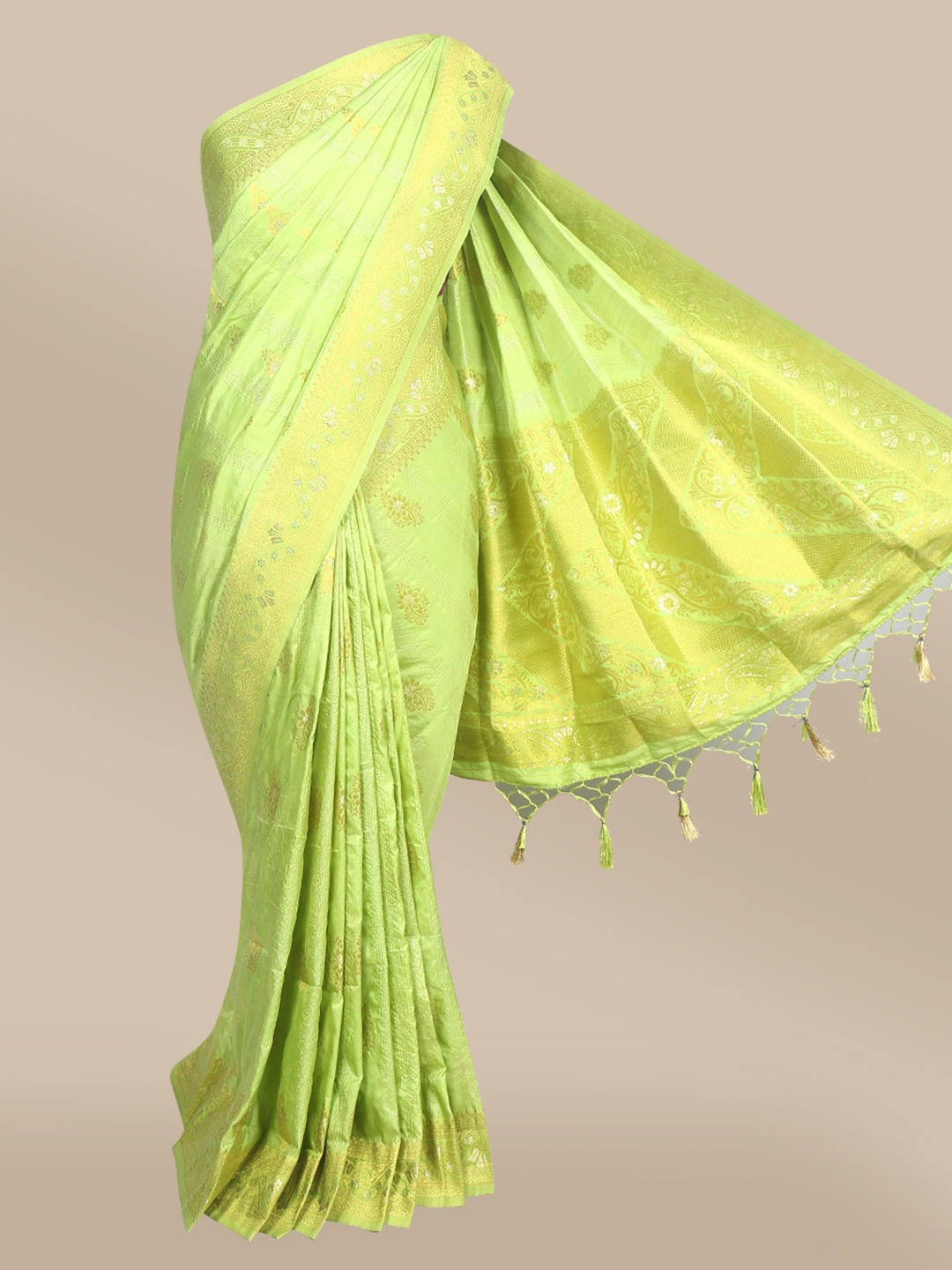 

The Chennai Silks Green & Gold-Toned Woven Design Zari Jute Cotton Fusion Saree