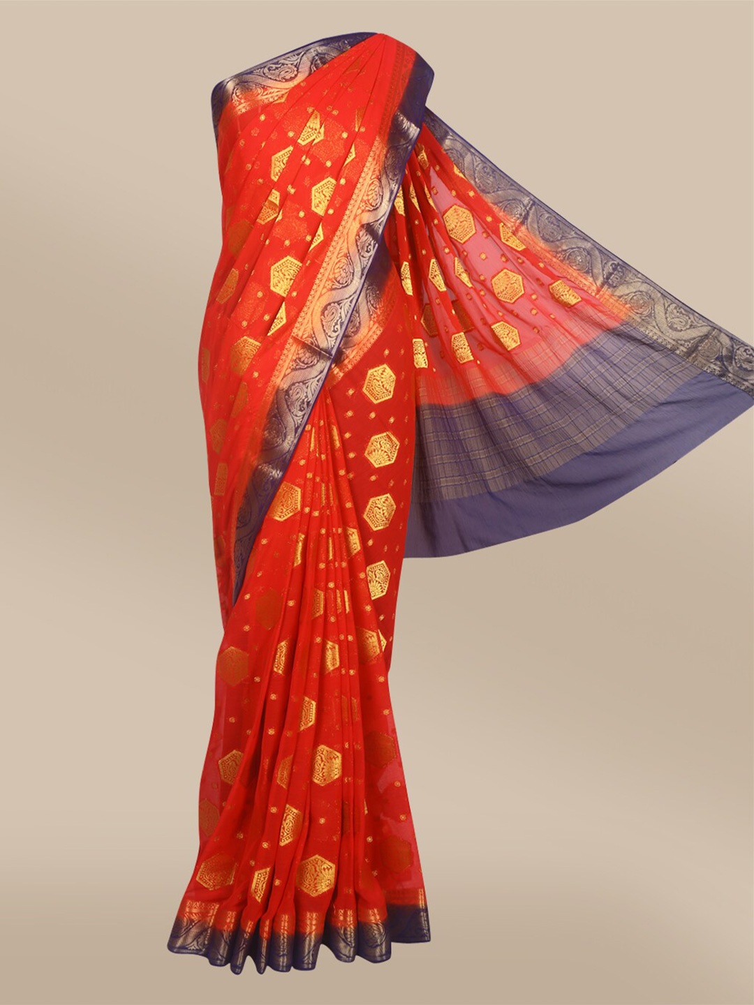 

The Chennai Silks Red & Gold-Toned Woven Design Poly Chiffon Saree