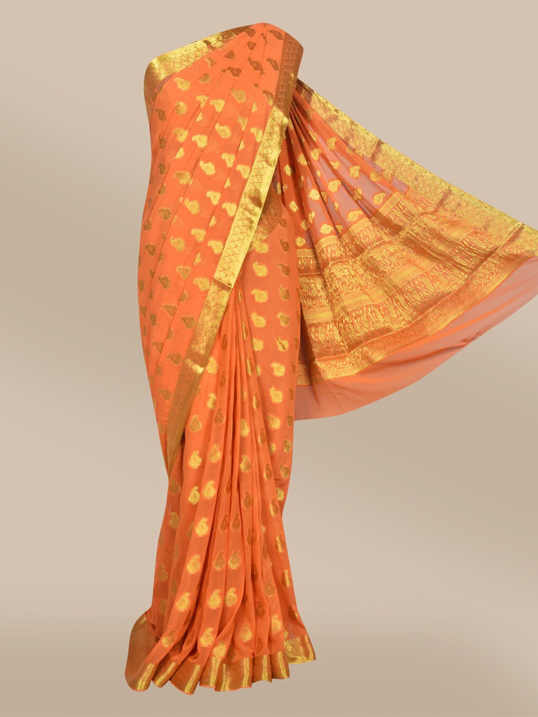 

The Chennai Silks Orange & Gold-Toned Ethnic Motifs Poly Chiffon Saree