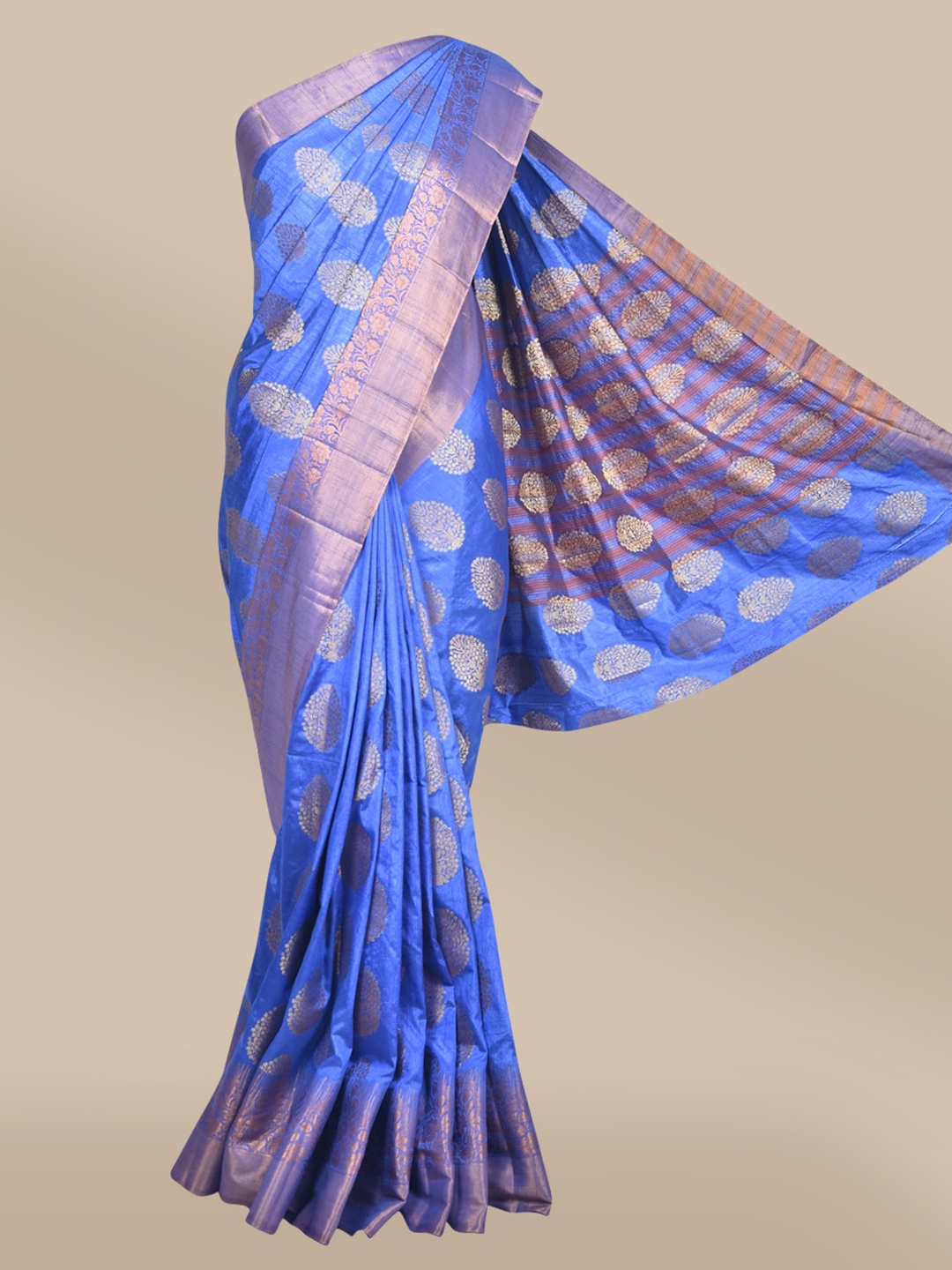 

The Chennai Silks Blue & Gold-Toned Floral Zari Jute Cotton Saree