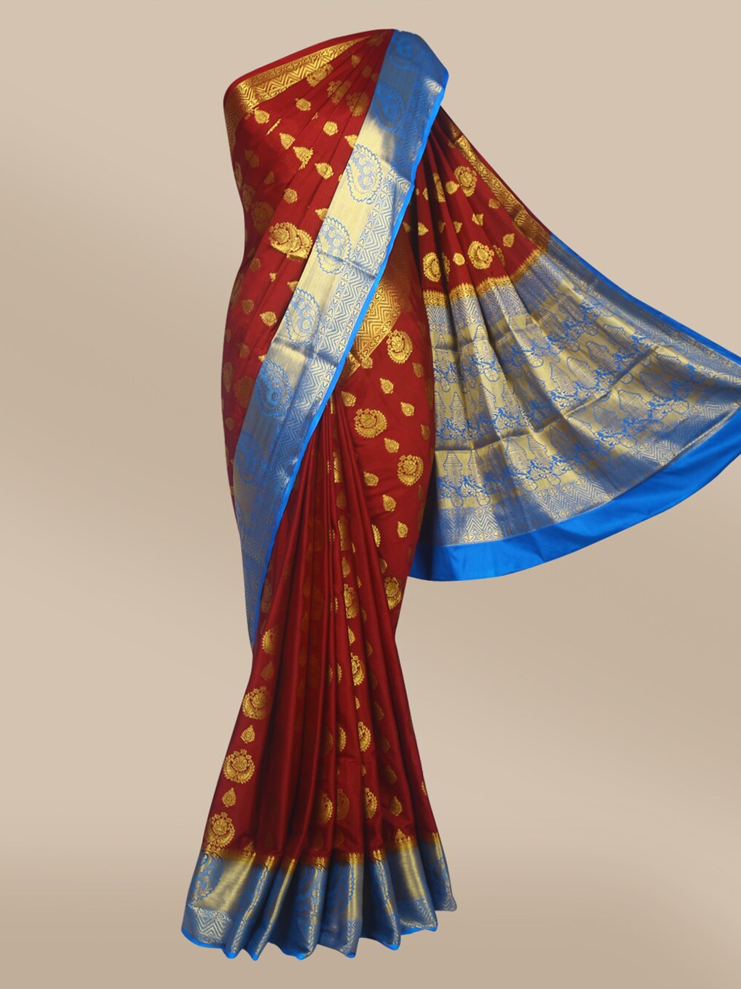 

The Chennai Silks Maroon & Blue Woven Design Zari Fusion Poly Crepe Saree