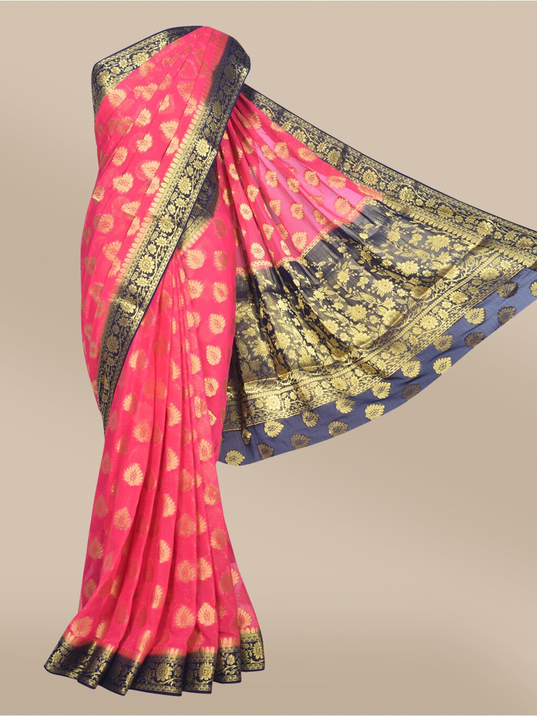 

The Chennai Silks Pink & Blue Ethnic Motifs Poly Chiffon Saree