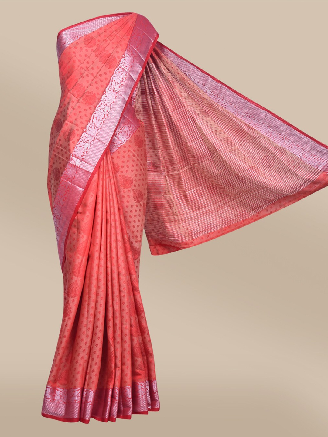 

The Chennai Silks Coral & Silver-Toned Ethnic Motifs Zari Jute Cotton Fusion Saree