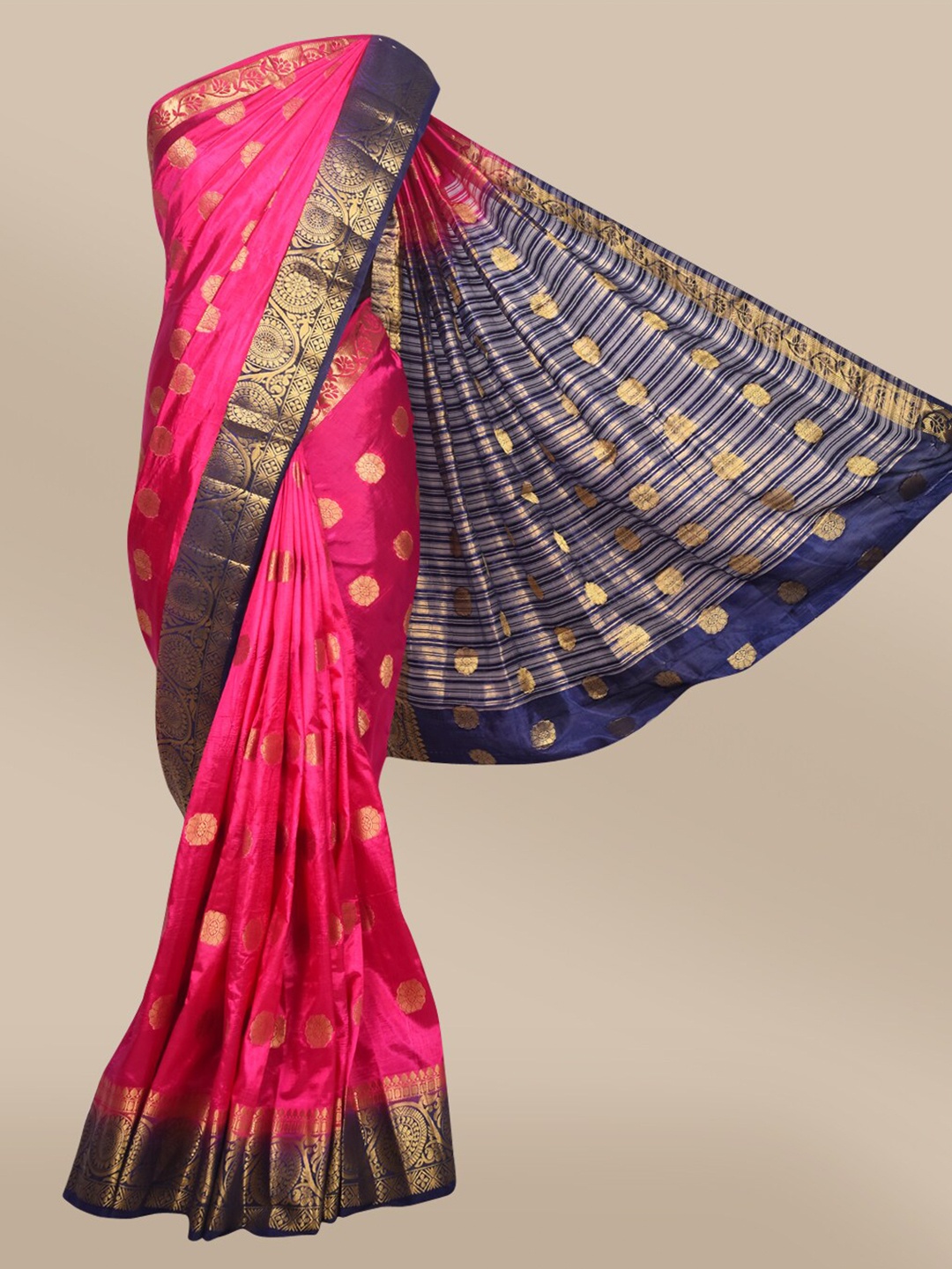 

The Chennai Silks Pink & Blue Ethnic Motifs Zari Saree