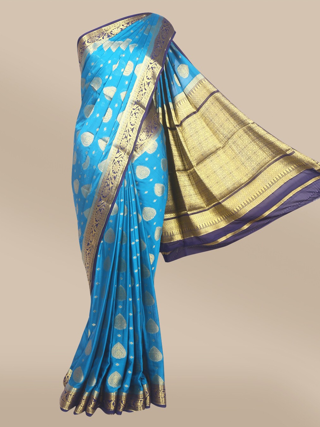 

The Chennai Silks Turquoise Blue & Gold-Toned Ethnic Motifs Mysore Silk Poly Crepe Saree