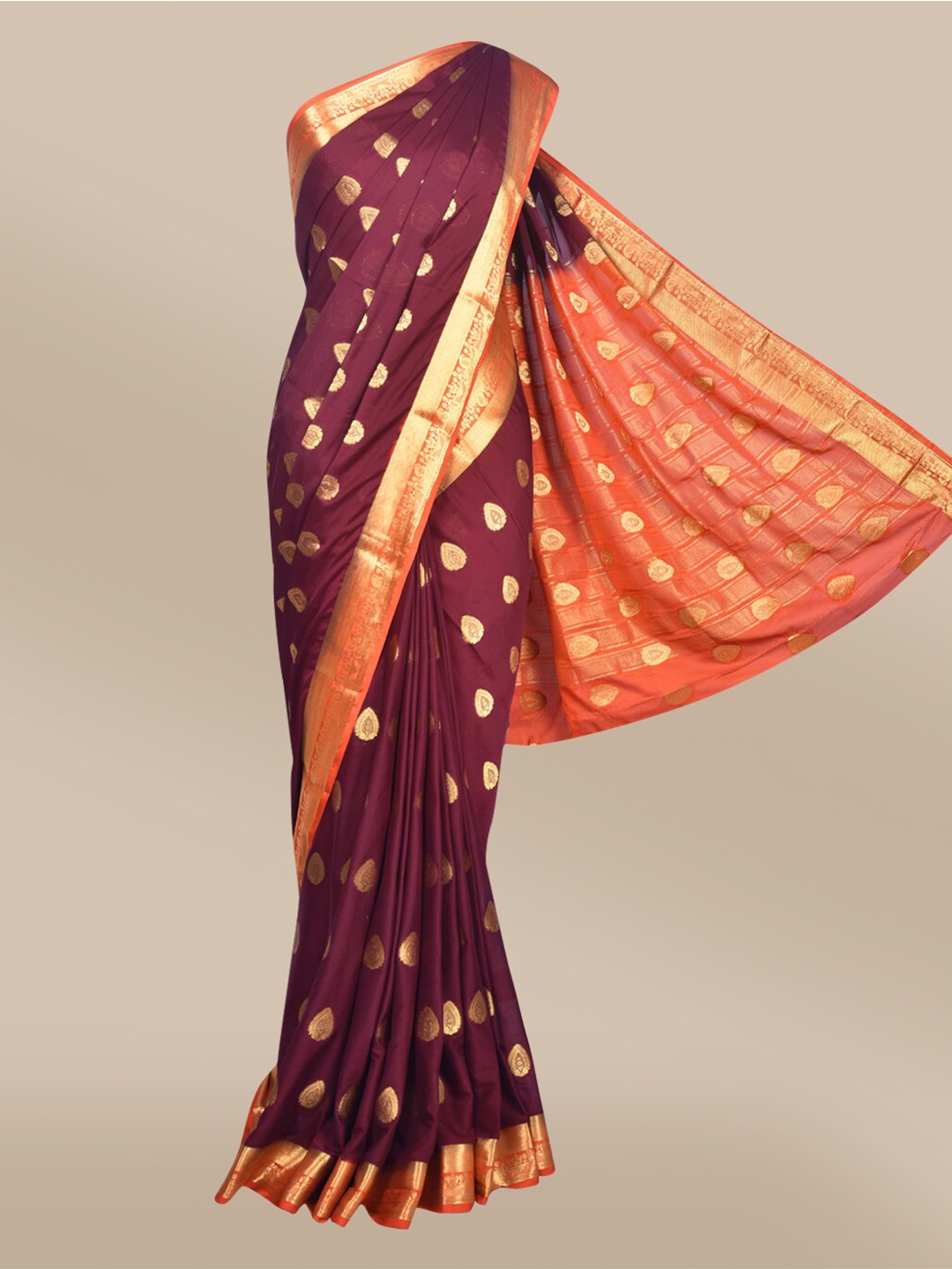 

The Chennai Silks Brown & Orange Ethnic Motifs Mysore Silk Poly Crepe Zari Fusion Saree