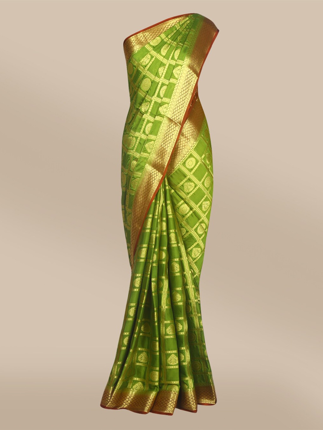 

The Chennai Silks Green & Gold-Toned Checked Zari Fusion Mysore Silk Poly Crepe Saree