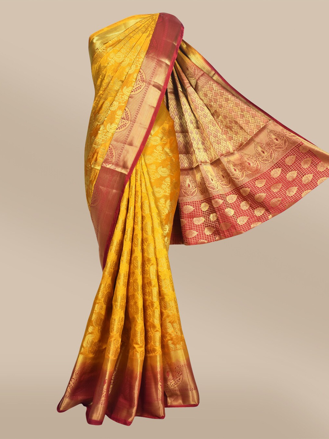 

The Chennai Silks Mustard & Maroon Ethnic Motifs Zari Jute Cotton Fusion Saree