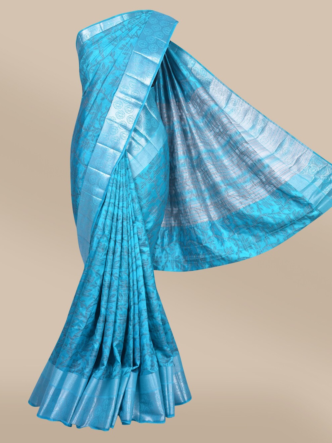 

The Chennai Silks Blue & Silver-Toned Floral Zari Jute Cotton Fusion Saree
