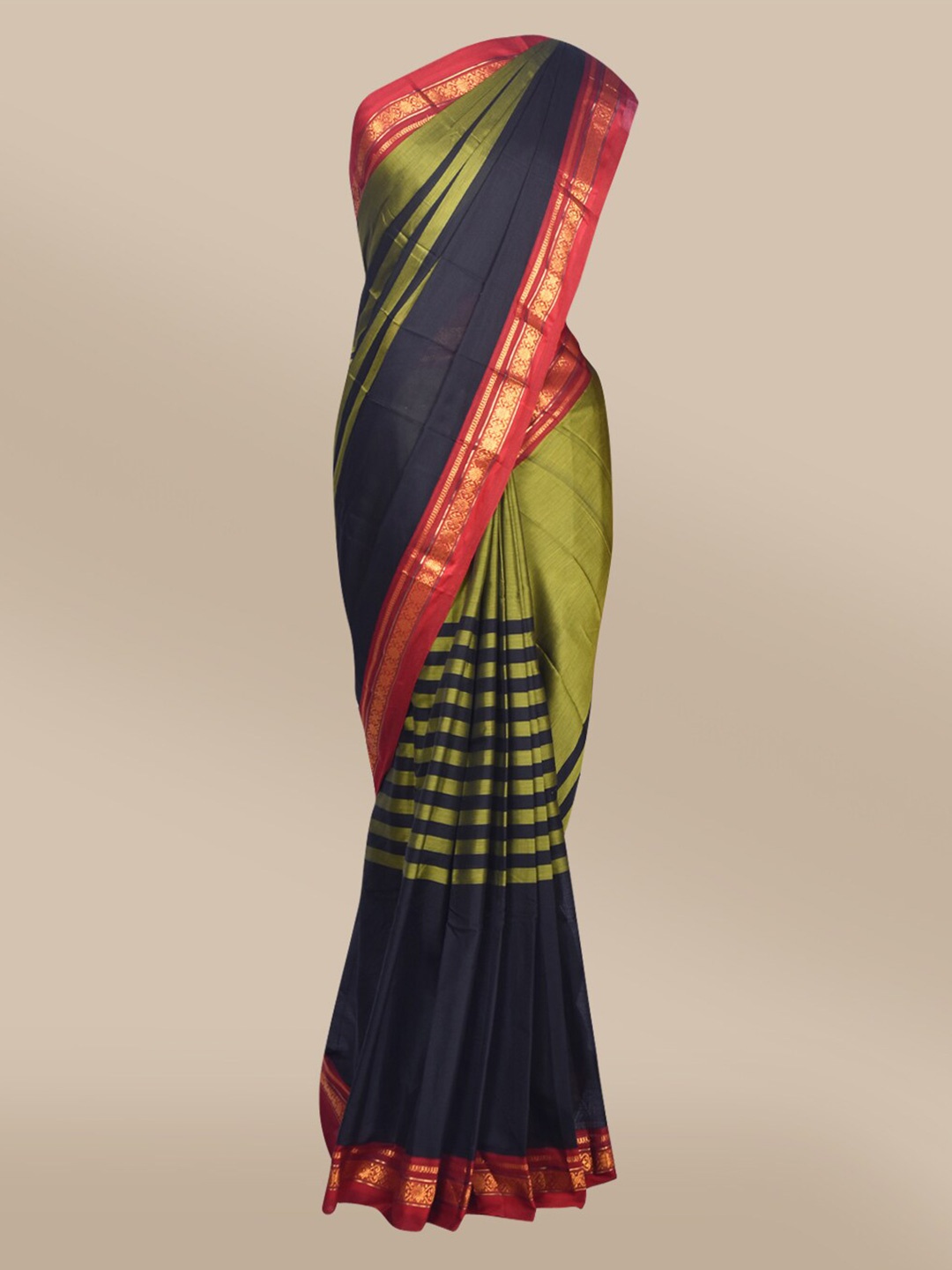 

The Chennai Silks Green & Navy Blue Colourblocked Striped Saree