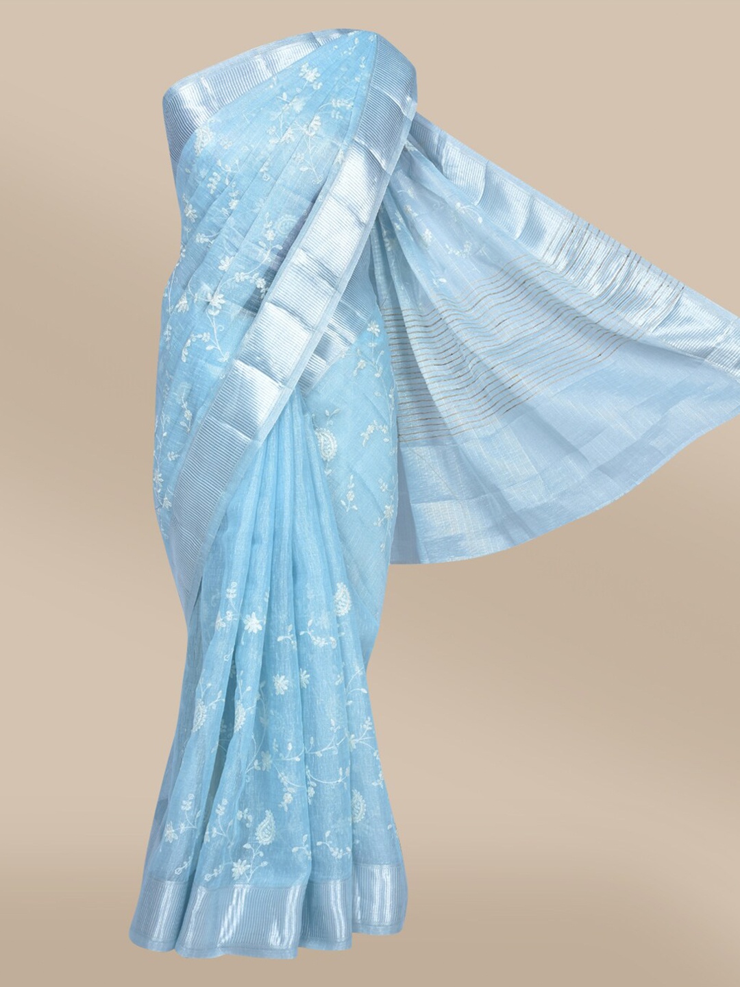 

The Chennai Silks Blue & Silver-Toned Floral Embroidered Net Fusion Saree