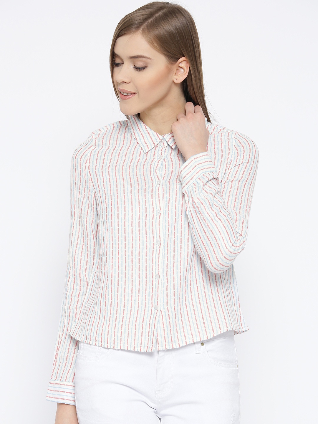 

Vero Moda Women Off-White & Blue Striped Casual Shirt