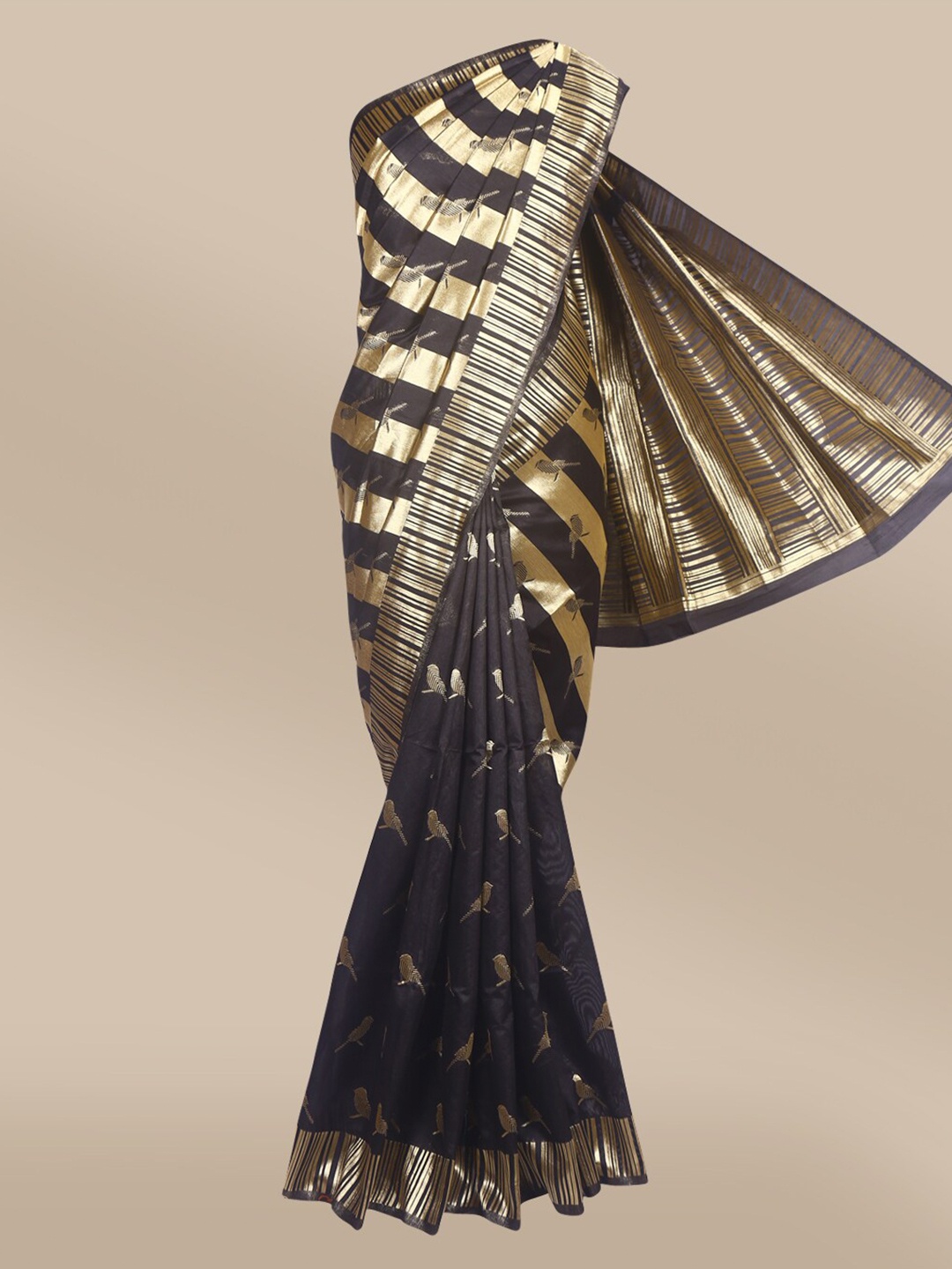 

The Chennai Silks Black & Gold-Toned Zari Silk Blend Half and Half Banarasi Saree
